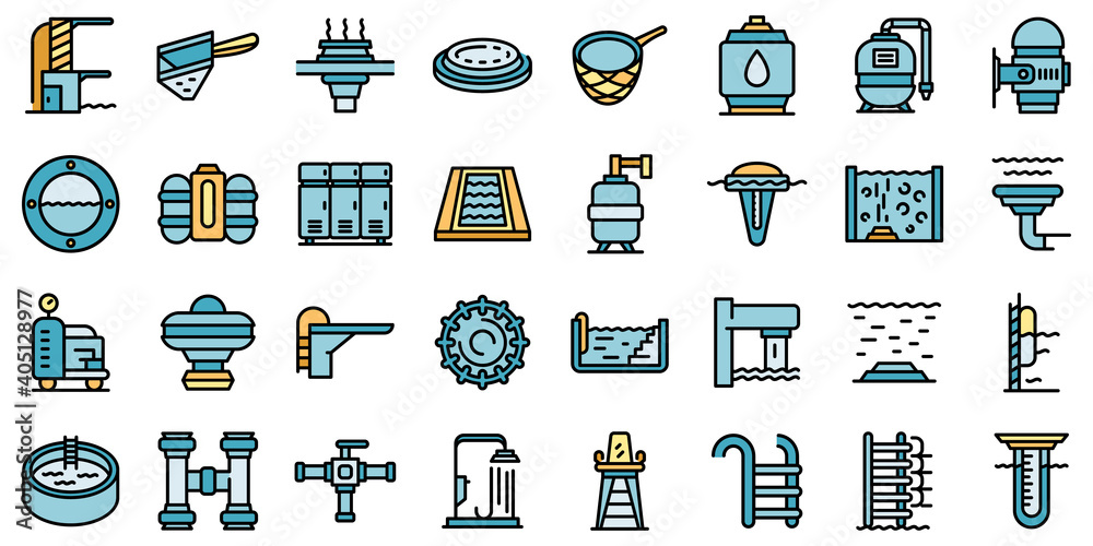 Equipment for pool icons set. Outline set of equipment for pool vector icons thin line color flat on white Equipment for pool icons set. Outline set of equipment for pool vector icons thin line color flat on white