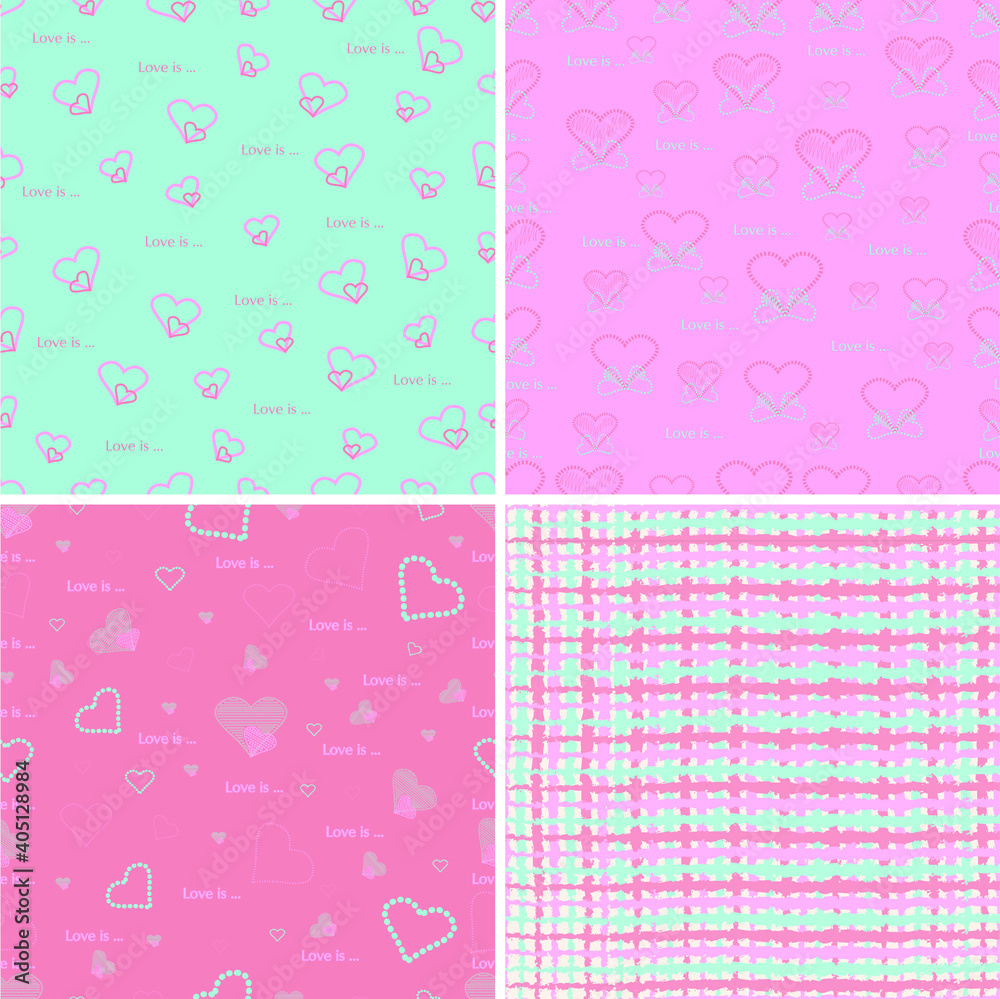 A set of drawings for gift paper for any holiday. Made in blue and pink colors. Contains a seamless pattern with hearts, stripes. Romantic background.