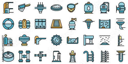 Equipment for pool icons set. Outline set of equipment for pool vector icons thin line color flat on white