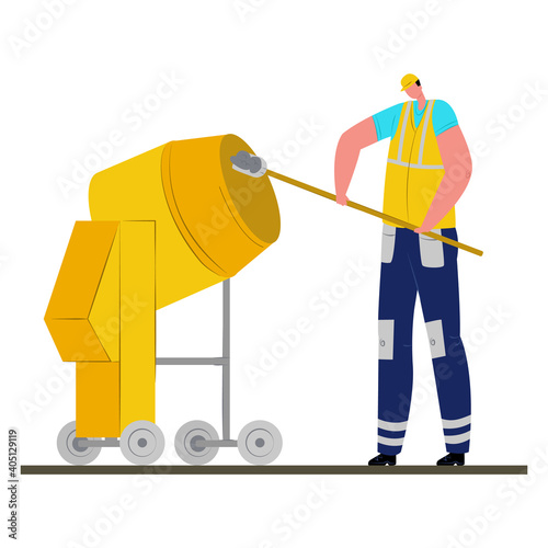 Male professional builder knead concrete in cement mixer, man in protecting helmet flat vector illustration, isolated on white. Concept labour building construction, people hold shovel.