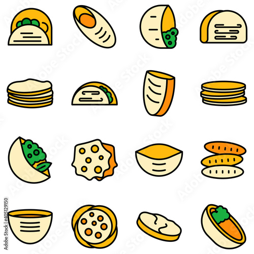 Pita bread icons set. Outline set of pita bread vector icons thin line color flat on white