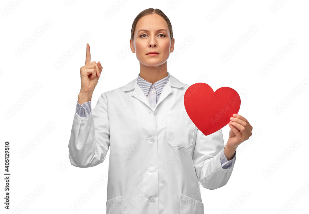 medicine, healthcare and cardiology concept - female doctor with red heart pointing finger up medicine, healthcare and cardiology concept - female doctor with red heart pointing finger up