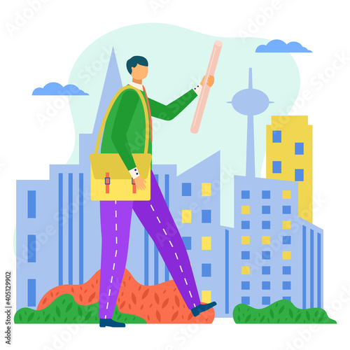 Young man walk urban street place hold blueprint drawing, male architect stroll city landscape flat vector illustration, isolated on white. Urban futuristic development background, construct designer.