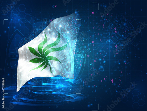 hemp leaf, vector 3d flag on blue background with hud interfaces