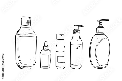 Bottles for hygiene products, a container for shampoo, shower gel, soap contour. Vector linear illustration in sketch style on transparent, white background