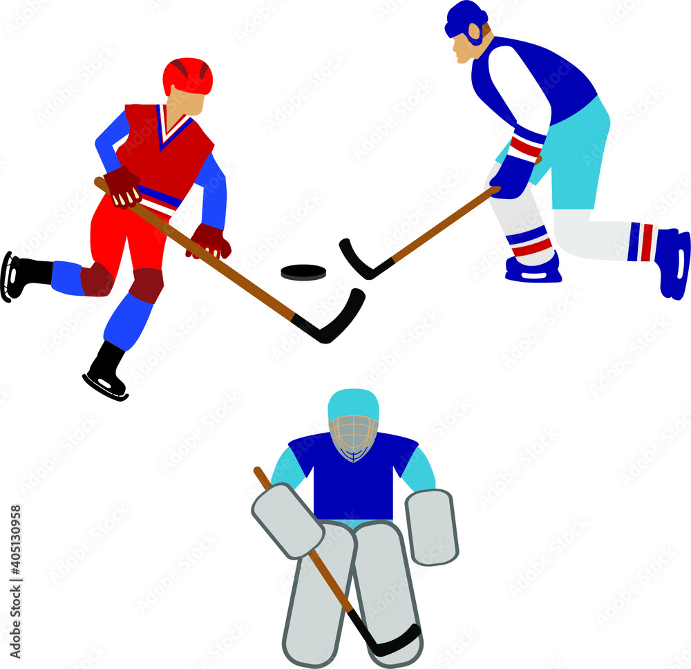 Obraz premium Kids playing hockey flat vector illustration. Father and sons enjoying winter sports cartoon characters.