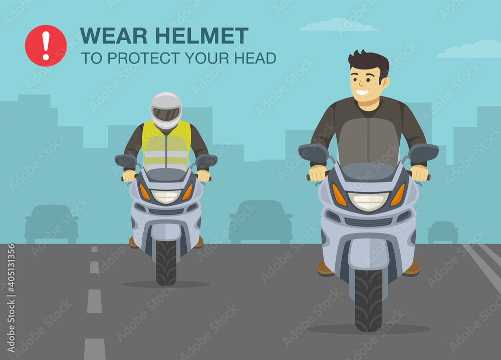 Safety motorcycle driving rule. Wear your helmet to protect your head safety warning poster design. Flat vector illustration template.