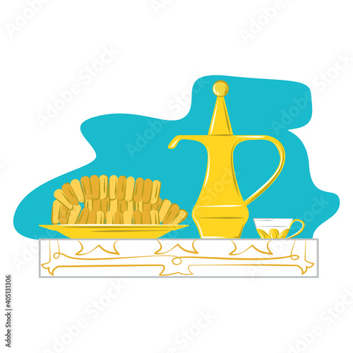 Folk russian tea gzhel service with bakery product, foodstuff bread goods and teapot icon flat vector illustration, isolated on white. Slavonic metal kettle samovar, nonalcoholic beverage.