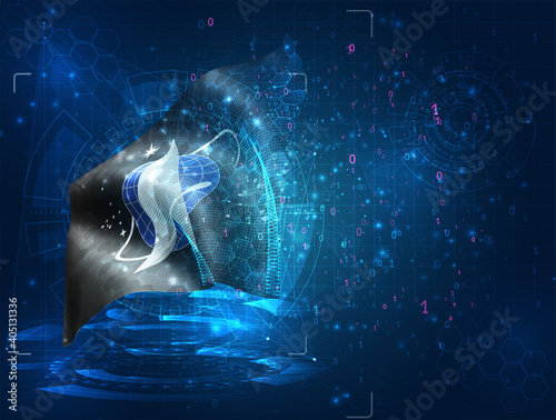space troops on vector 3d flag on blue background with hud interfaces