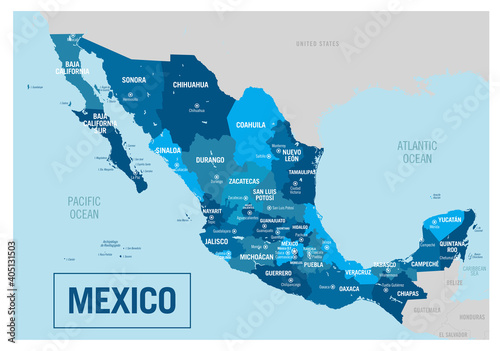 Mexico country political map. Detailed vector illustration with isolated states, regions, islands and cities easy to ungroup.  photo