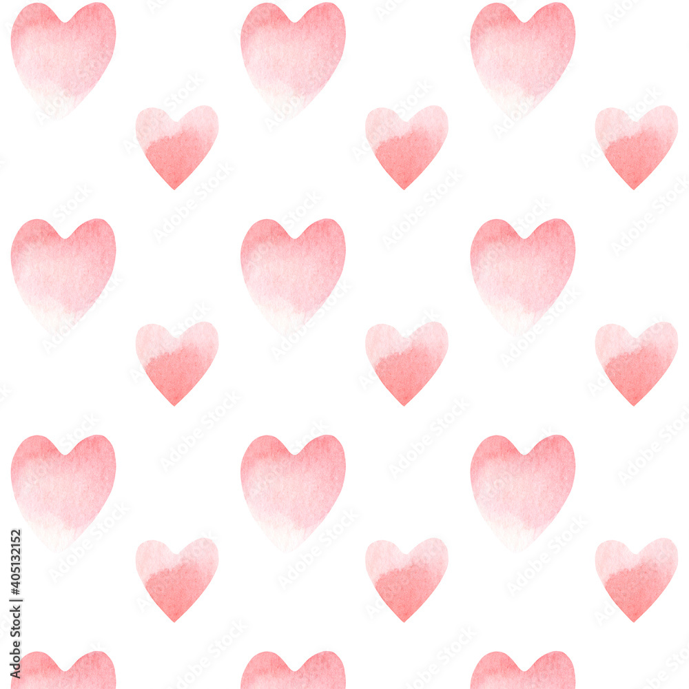 Seamless red watercolor gradient hand painted hearts pattern. Valentine's day pink background  