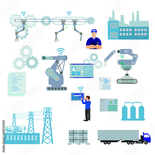 Industrial abstract machine in flat style. Factory construction equipment, engineering vector illustration