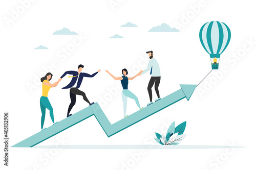Employees giving hands and helping colleagues to walk upstairs. Team giving support, growing together. Vector illustration for teamwork, mentorship, cooperation concept.