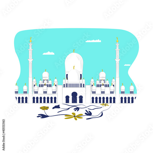 Modern futuristic urban landscape, beautiful arab building cathedral mosque, brick masjid flat vector illustration, isolated on white. Concept monumental constructive architectural landmark.