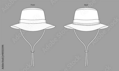 White bucket hat with cord and stopper toggle template on gray background. Front and back views, vector file.