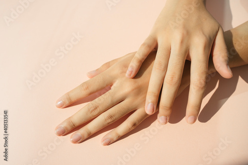 Hand of human on white background and how to clean your hand with gel or alcohol.