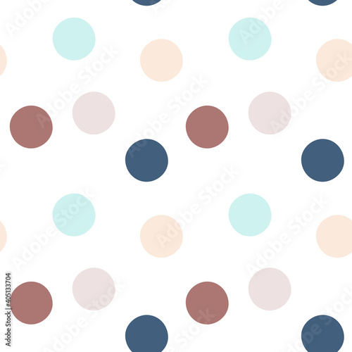Multicolored hand drawn polka dots. Seamless pattern. Neutral colors. Vector illustration, flat design