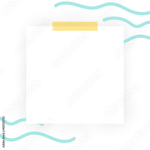 Blank sheet of paper with washi tape on wavy shapes background. Vector illustration, flat design