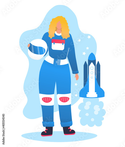 Blonde woman character cosmonaut in space suit hold protective helmet, rocket spacecraft flat vector illustration, isolated on white. Female professional astronaut ready to launch starship.