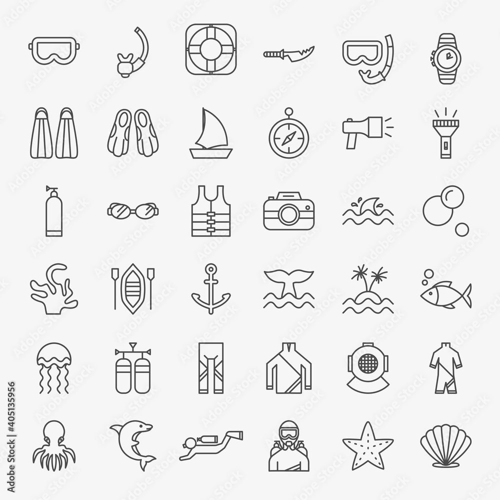 Diving Line Icons Set Diving Line Icons Set