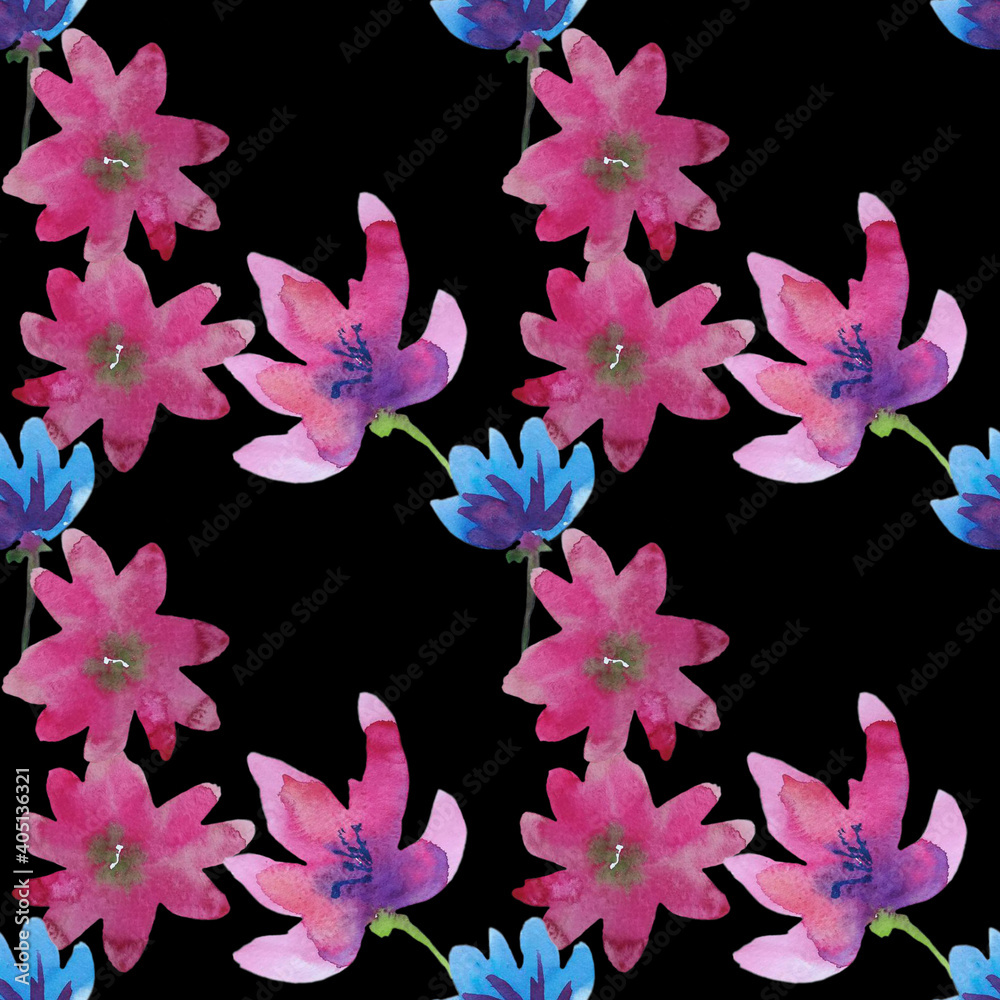 Seamless square pattern of pink and blue flowers on a black background. The illustration is drawn in watercolor by hand. Seamless square pattern of pink and blue flowers on a black background. The illustration is drawn in watercolor by hand.