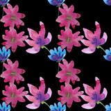 Seamless square pattern of pink and blue flowers on a black background. The illustration is drawn in watercolor by hand.