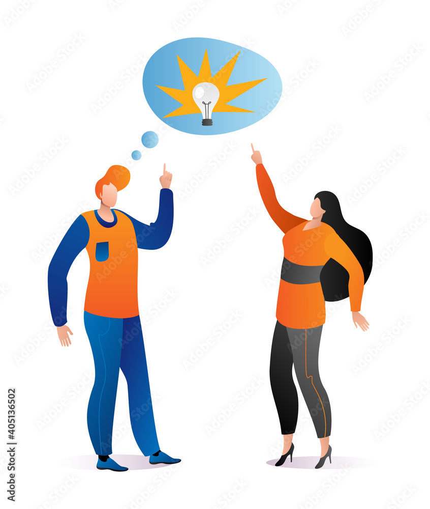 Male character lamp above man head, creative business ideas, woman indicate hand cartoon vector illustration, isolated on white. Design concept brilliant brainstorm thought, teamwork company activity. Male character lamp above man head, creative business ideas, woman indicate hand cartoon vector illustration, isolated on white. Design concept brilliant brainstorm thought, teamwork company activity.