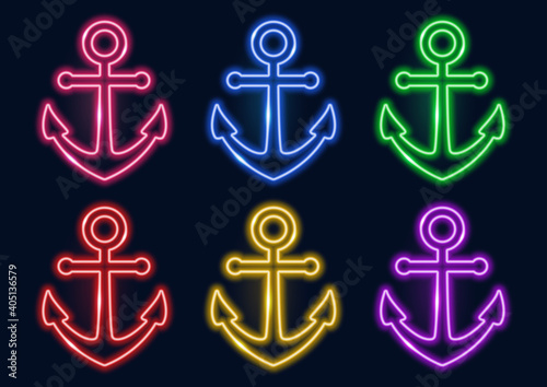 Neon frame. Set of neon anchors in different colors. Laser glowing lines on a dark background.