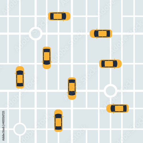 City map with taxi cars for smart mobile app. Top view. Vector illustration in flat style