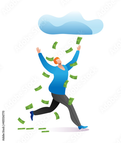 Lucky man character running under cloud money rain, fortunate male winner lottery cartoon vector illustration, isolated on white. Wherewithal wasteful lifestyle, victory raffle cash dollar.