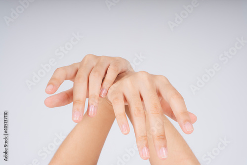 Woman hands scrubbing isolate over white background.