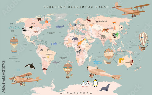 Fototapeta Naklejka Na Ścianę i Meble - wallpaper for children world map with animals and balloons