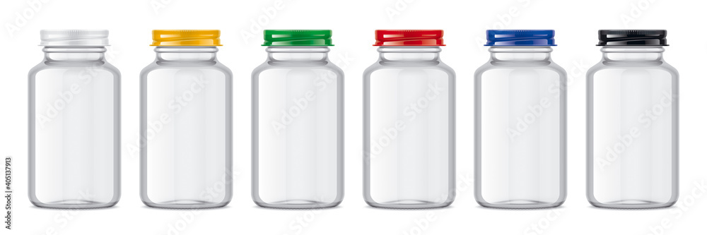 Set of transparent Bottles with colored metal caps. Set of transparent Bottles with colored metal caps.