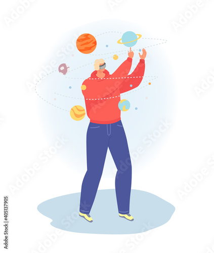 Modern technology virtual reality information processing, man character astronomer vr work cartoon vector illustration, isolated on white. Graph data registration, professional male astrologer.