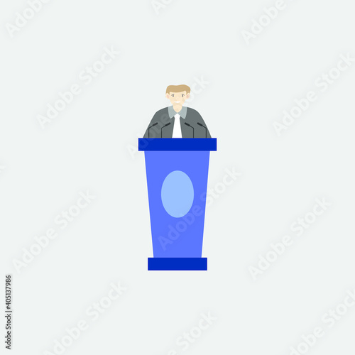 Political science concept with politician standing behind rostrum and giving speech, vector illustration in flat style