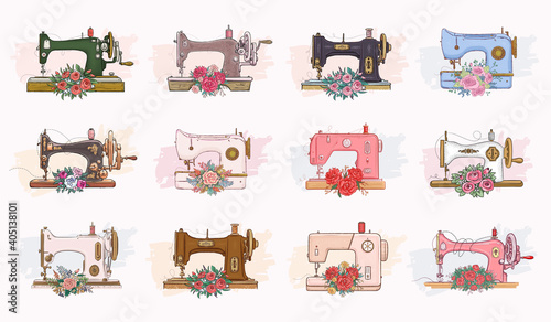 Set of hand drawn sewing machines