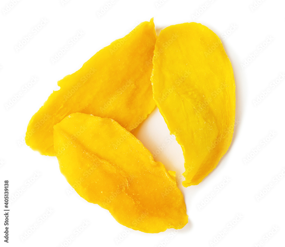 yellow dried mango plate, chips isolated against white background. yellow dried mango plate, chips isolated against white background.