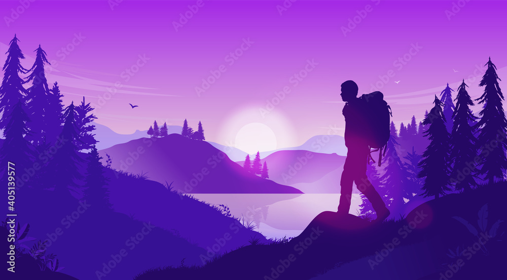Fototapeta premium Vector landscape with person walking - Backpacker in nature scene with sunrise, hills, water and forest illustration.