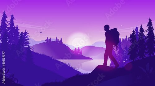 Vector landscape with person walking - Backpacker in nature scene with sunrise  hills  water and forest illustration.