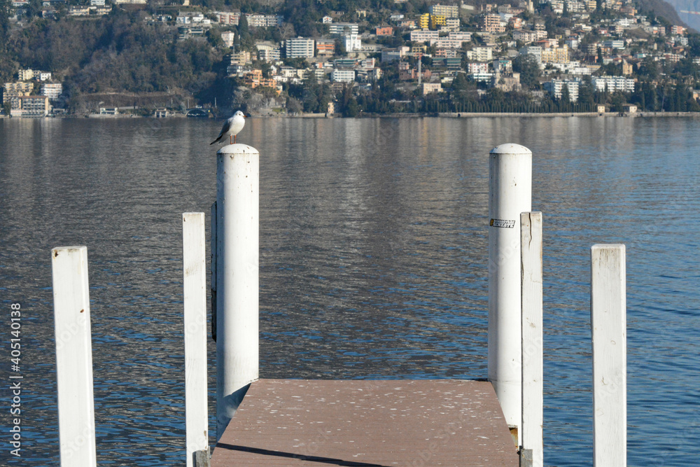 Un pontile sul lago di Lugano a Paradiso, Canton Ticino, Svizzera.