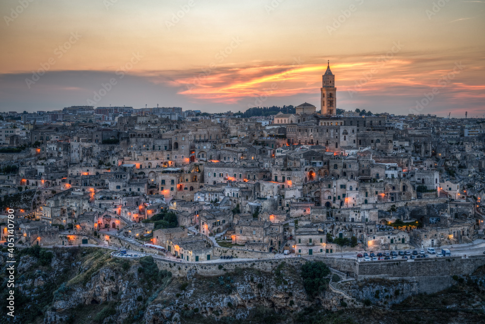 Scenic sunset over the ancient city of Matera in Basilicata region, southern Italy