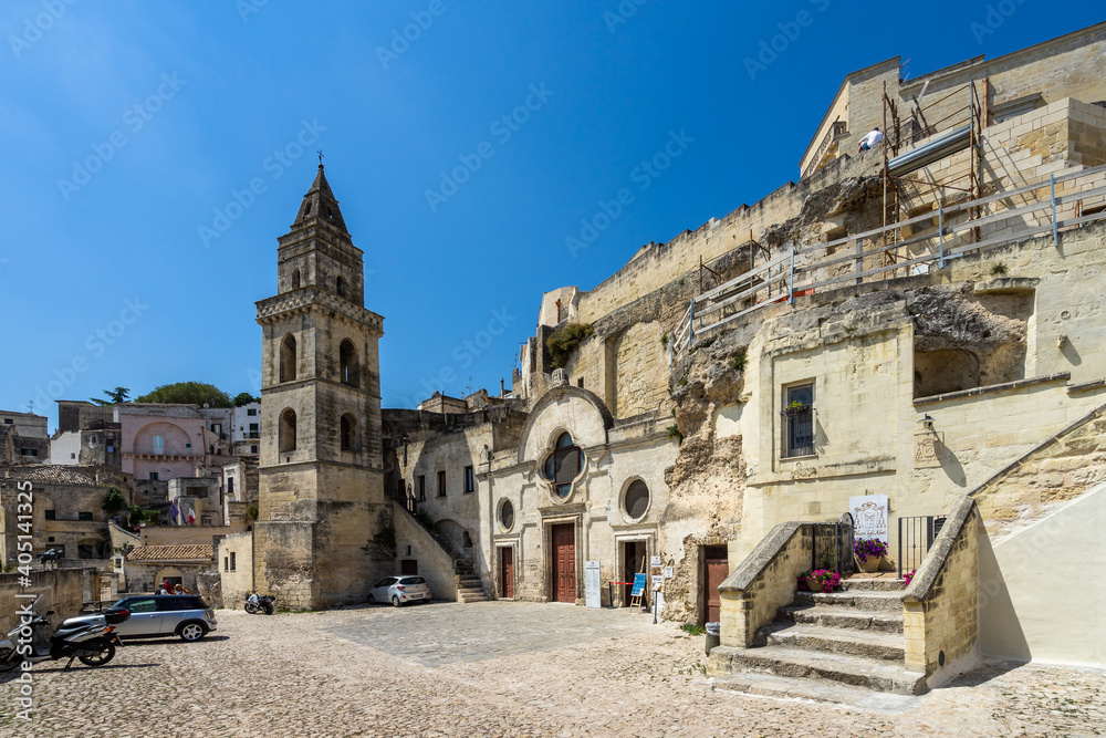 Entrance of San Pietro Barisano the largest of Matera's rupestrian churches, dating in its earliest parts to the 12th century, Basilicata, Italy