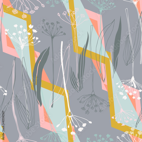Stylized flowers hand drawn color vector seamless pattern. Abstract leaves, sketch drawing. Scandinavian style geometric texture. Wrapping paper, textile, background fill