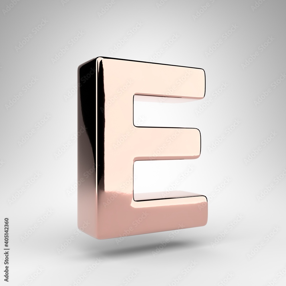 Letter E uppercase on white background. Rose gold 3D letter with gloss chrome surface. Letter E uppercase on white background. Rose gold 3D letter with gloss chrome surface.