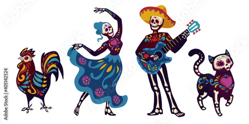 Day of the dead, Dia de los muertos characters dancing Catrina or mariachi musician, cat and cock skeletons decorated with Mexican elements. Halloween holiday party, fest, Cartoon vector illustration