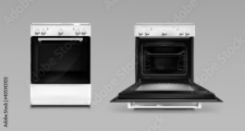 Oven, electric kitchen appliances, open or closed stove of white color front view. Household technics with switches. Home tech equipment isolated grey background, realistic 3d vector illustration
