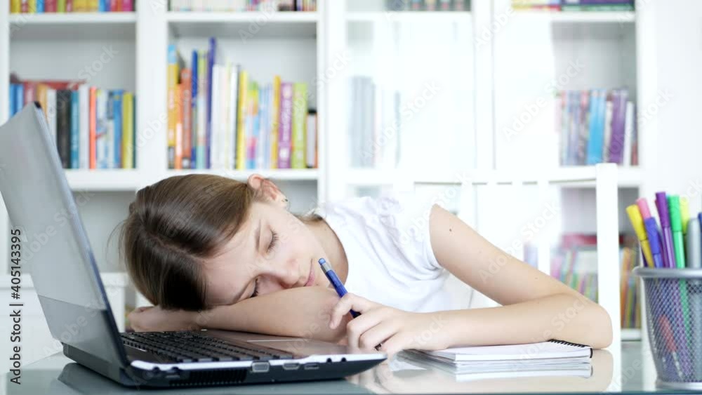 Bored Kid Studying School, Tired Child Sleeping at Office, Student Girl Slept while Learning, Online Education in Pandemic Crisis Bored Kid Studying School, Tired Child Sleeping at Office, Student Girl Slept while Learning, Online Education in Pandemic Crisis