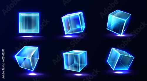 Plastic or glass cubes glowing with neon light in different angle view, clear square box, crystal block, aquarium or exhibit podium, isolated glossy geometric objects, Realistic 3d vector illustration