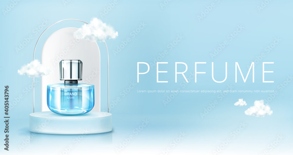 Perfume spray bottle on podium with clouds in sky mock up banner. Glass flask mockup on blue heaven background. Scent fragrance cosmetic product promotion advertising, Realistic 3d vector illustration - obrazy, fototapety, plakaty 