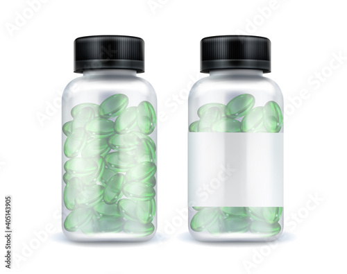 Pills bottle mockup, green medicine capsules, vitamin in transparent pack mock up isolated on white background. Remedy package design elements for medical advertising, Realistic 3d vector illustration